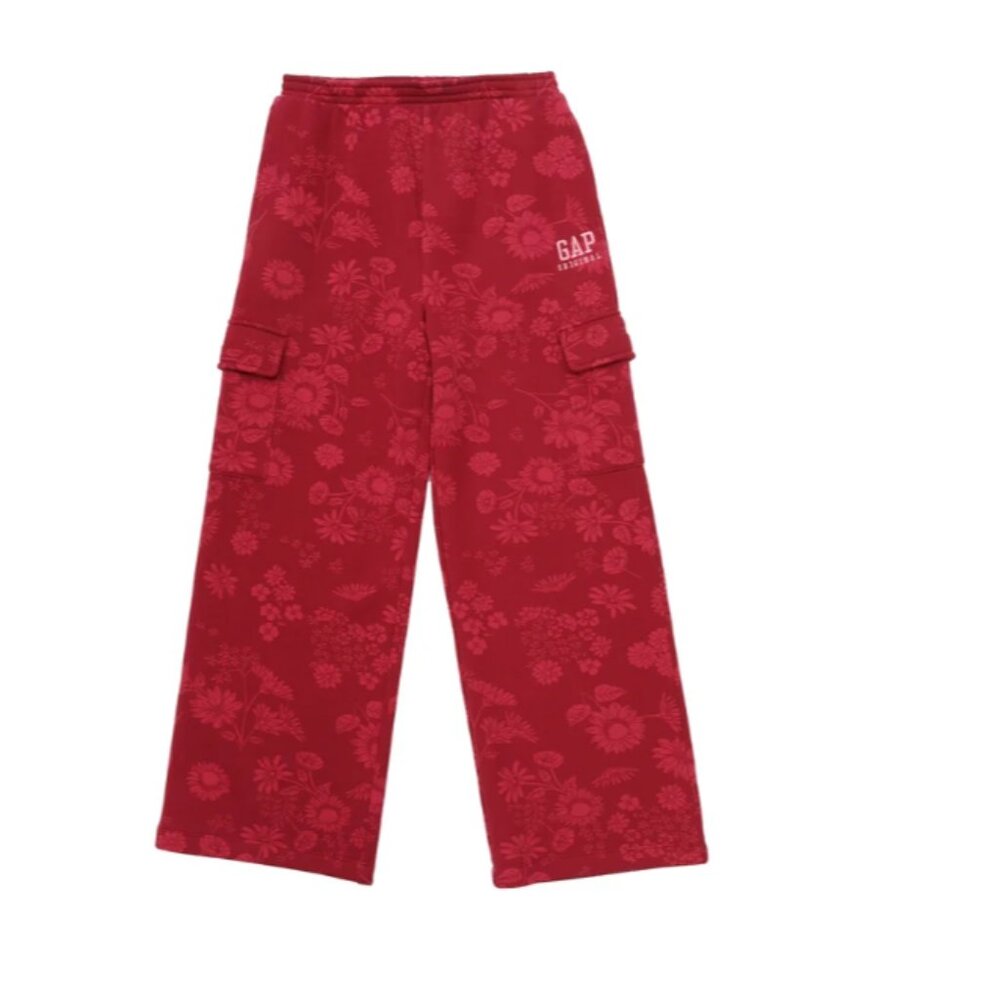 Gap Girls Sweatpants Red Floral Fleece Jogger Cargo Pockets Wide Leg L(14/16) - Picture 4 of 7